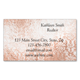 Roze Gouden Damast Elegant Schrift Magnetisch Visitekaartje