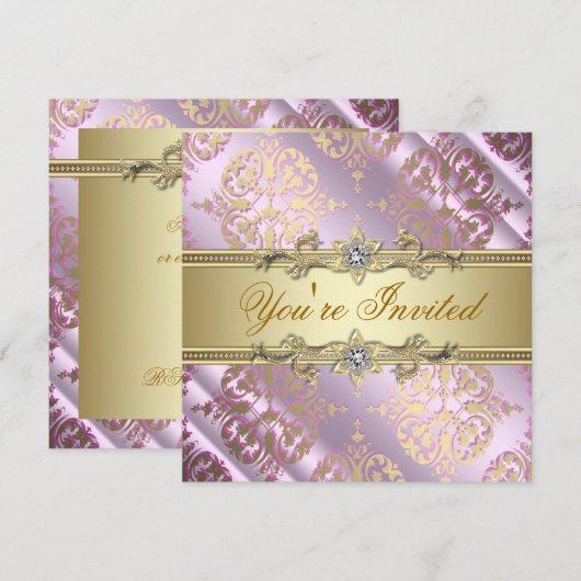 Roze Gouden Damast Feest Kaart (Voorkant / Achterkant)