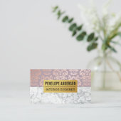 Roze Gouden Damast Metallic Patroon | Witte Marmer Visitekaartje (Staand voorkant)