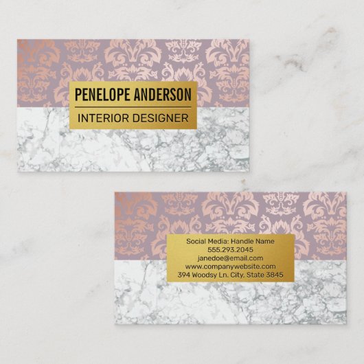Roze Gouden Damast Metallic Patroon | Witte Marmer Visitekaartje (Voorkant / Achterkant)