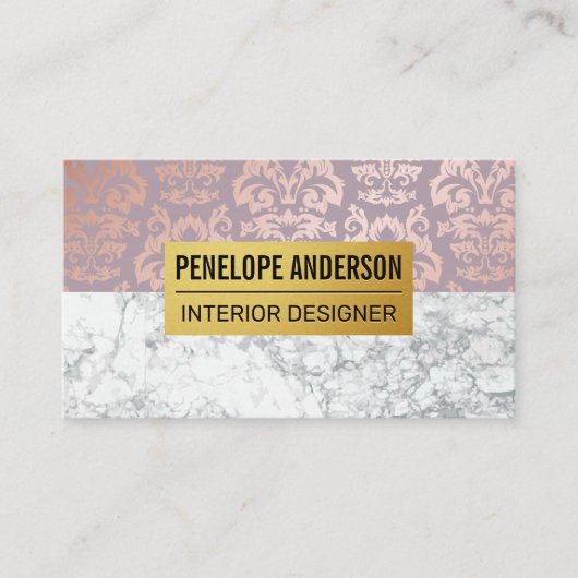 Roze Gouden Damast Metallic Patroon | Witte Marmer Visitekaartje (Voorkant)