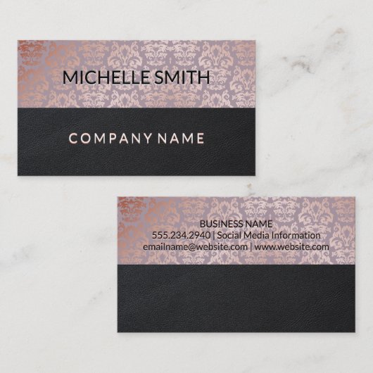 Roze Gouden Damastpatroon Zwarte Leer Kleurblok Visitekaartje