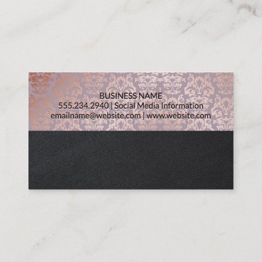 Roze Gouden Damastpatroon Zwarte Leer Kleurblok Visitekaartje (Achterkant)
