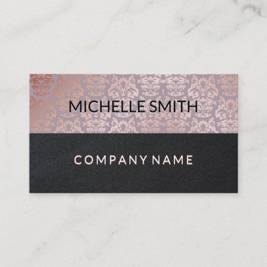 Roze Gouden Damastpatroon Zwarte Leer Kleurblok Visitekaartje (Voorkant)