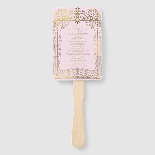 Roze Gouden Deco Chic Glam Trouwprogramma Handwaai Handwaaier (Voorkant)