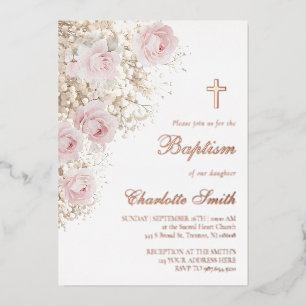 roze gouden details wilde bloemen krans Doop Folie Uitnodiging