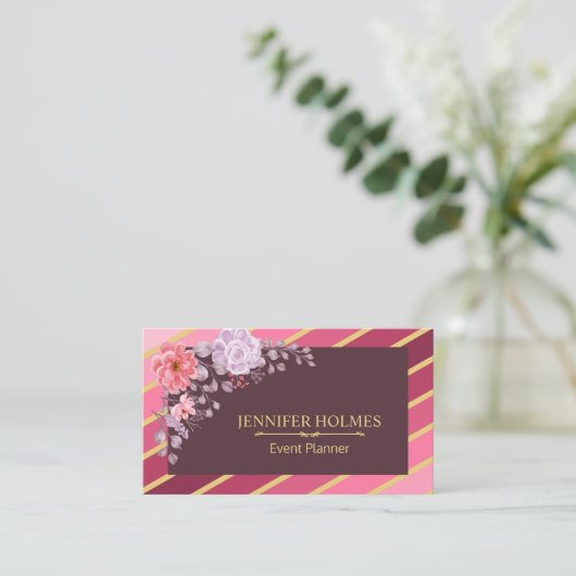 Roze Gouden Diagonale Strepen Bloemen Event Planne Visitekaartje (Staand voorkant)