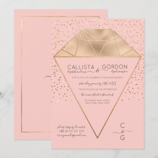 Roze Gouden Diamant Confetti Glitter Verloving Kaart (Voorkant / Achterkant)