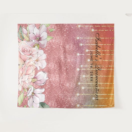 Roze Gouden Diamant Glitter Bloemen Quinceañera Wandkleed (Voorkant (horizontaal))