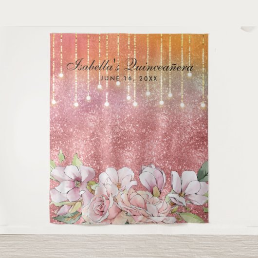 Roze Gouden Diamant Glitter Bloemen Quinceañera Wandkleed (Voorkant)