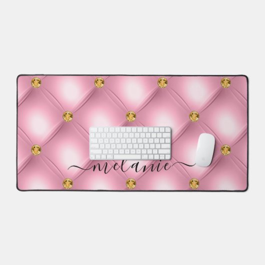 Roze Gouden Diamant Tufted Aangepaste Naam Bureaumat (Keyboard & Muis)