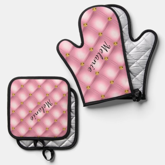 Roze Gouden Diamant Tufted Custom Naam Gepersonali Ovenwant & Pannenlap Set (Voorkant / Achterkant)