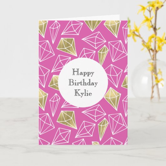 Roze Gouden Diamanten Kerstmis Kaart (Gele Bloem)