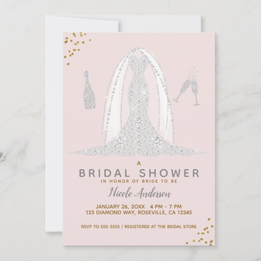 Roze & Gouden Diamanten Trouwjurk Vrijgezellenfees Kaart (Voorkant)