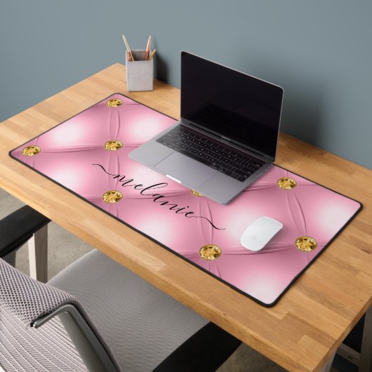 Roze Gouden Diamond Tufted Jouw naam Desk Mat (Kantoor 2)