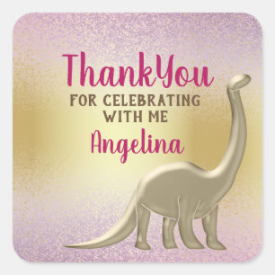 Roze Gouden Dinosaur Girl Verjaardag  Vierkante Sticker
