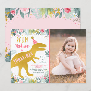 Roze Gouden Dinosaurus Drie Rex Verjaardag Kaart