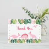 Roze & Gouden Dinosaurus Verjaardag Dank u Bedankkaart (Staand voorkant)