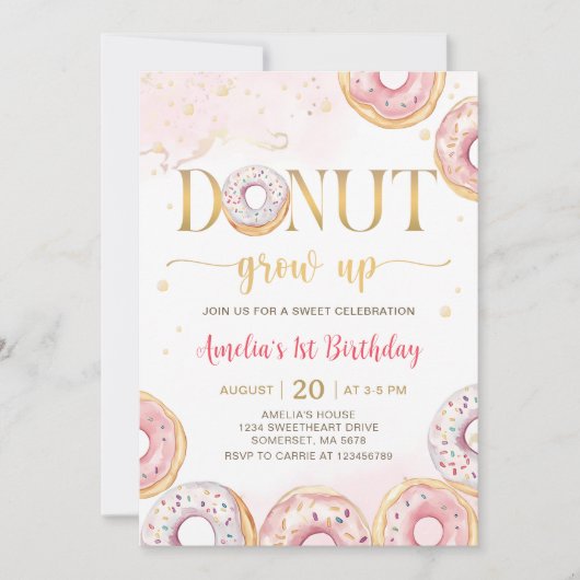Roze gouden donut groeit op verjaardagsuitnodiging kaart (Voorkant)