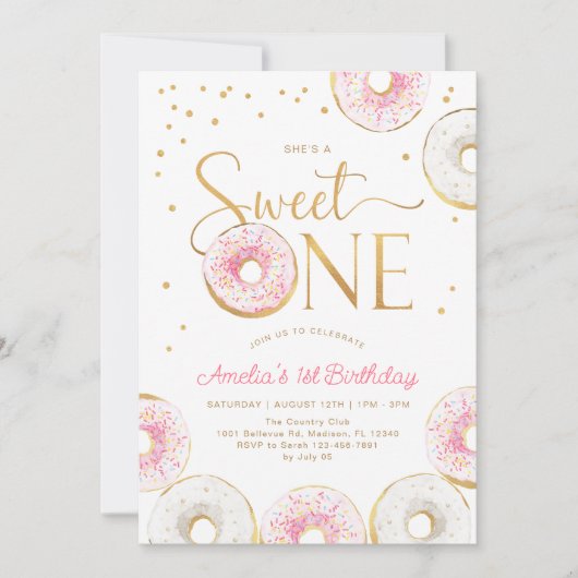 Roze Gouden Donuts Sweet Een 1e Verjaardag Kaart (Voorkant)