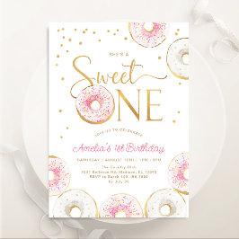 Roze Gouden Donuts Sweet Een 1e Verjaardag Kaart