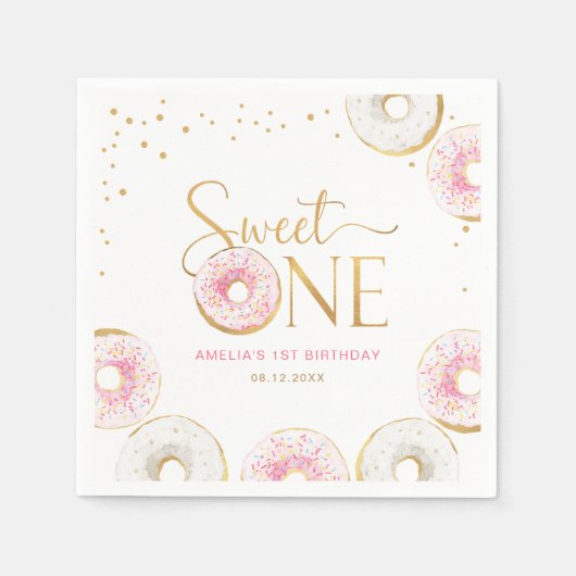 Roze Gouden Donuts Sweet Een 1e Verjaardag Servet (Voorkant)