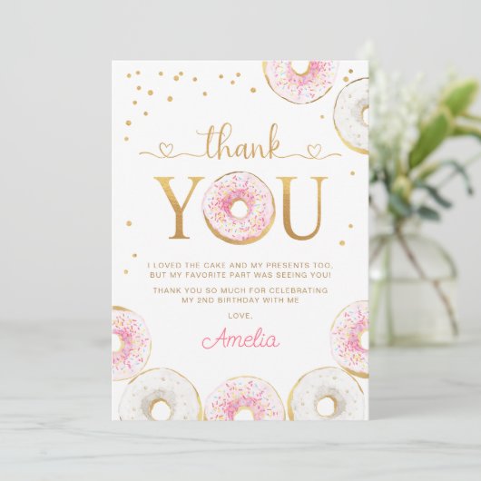 Roze gouden donuts Twee zoete verjaardag Bedankkaart (Staand voorkant)