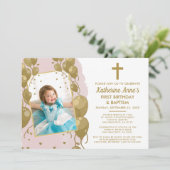 Roze Gouden Doop 1e Verjaardag Tekst Foto Kaart (Staand voorkant)