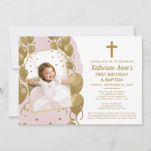 Roze Gouden Doop 1e Verjaardag Virtuele Tekst Foto Kaart (Voorkant)