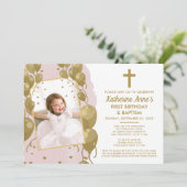 Roze Gouden Doop 1e Verjaardag Virtuele Tekst Foto Kaart (Staand voorkant)