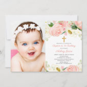 Roze gouden doop en 1e verjaardag foto meisje kaart (Voorkant)