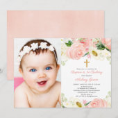 Roze gouden doop en 1e verjaardag foto meisje kaart (Voorkant / Achterkant)