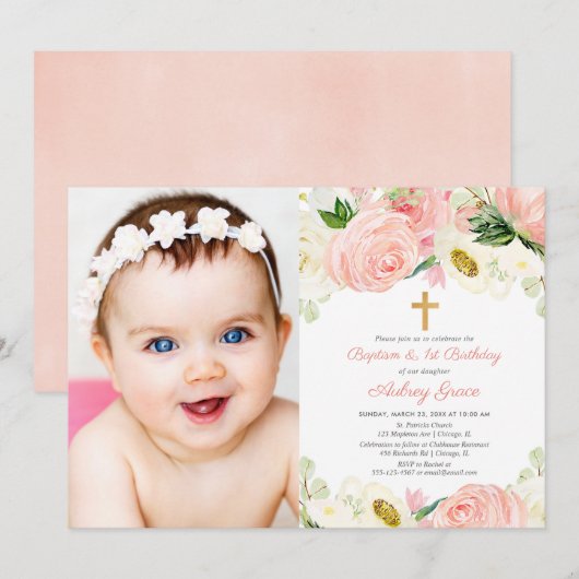 Roze gouden doop en 1e verjaardag foto meisje kaart (Voorkant / Achterkant)
