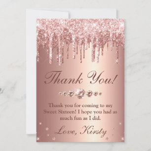 Roze Gouden Drip Glitter & Diamanten Sweet 16 Bedankkaart
