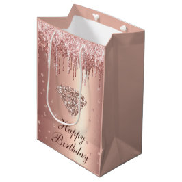 Roze Gouden Drip Glitter & Diamanten Verjaardag Medium Cadeauzakje