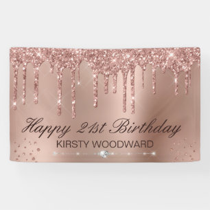 Roze Gouden Drip Glitter met diamanten Verjaardag Spandoek