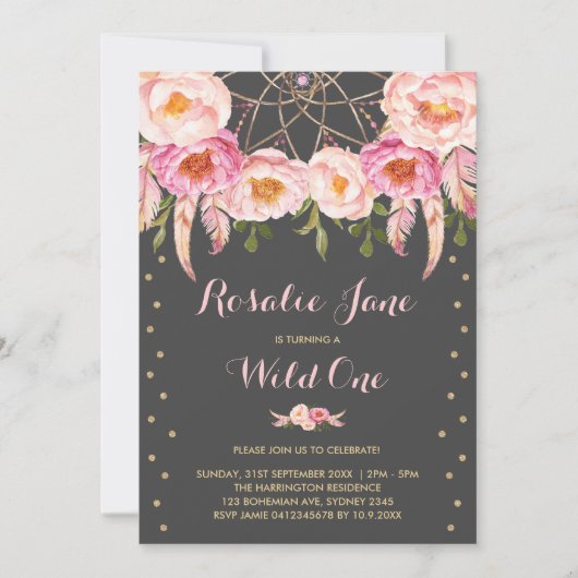 Roze Gouden Droomvanger Wilde Eén 1e Verjaardag Kaart (Voorkant)