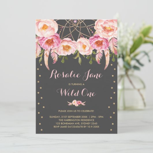 Roze Gouden Droomvanger Wilde Eén 1e Verjaardag Kaart (Staand voorkant)