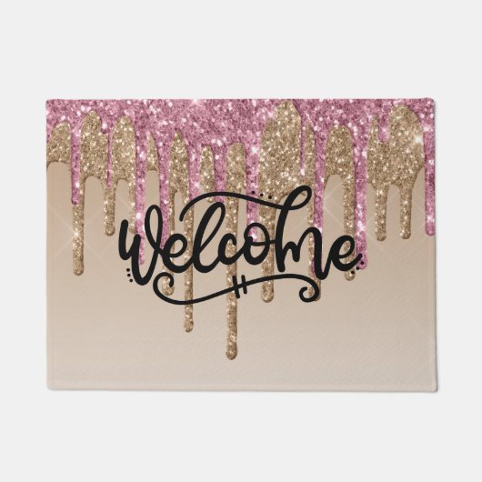 Roze & Gouden Druipende Glitter Welkom Deurmat (Voorkant)