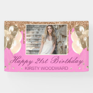 Roze & Gouden Druipende Glitters & Ballonnen Verja Spandoek