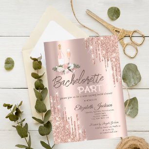 Roze Gouden Druppel Bloemen Bachelorette Feestje Kaart
