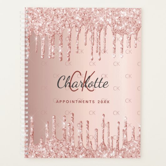 Roze gouden druppel monogram schrift planner (Voorkant)