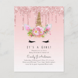 Roze gouden druppelaar Unicorn Baby Girl Shower Briefkaart
