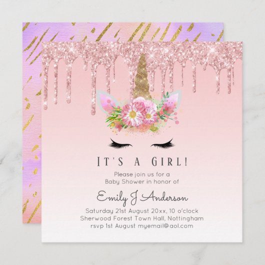 Roze gouden druppelaar Unicorn Baby Girl Shower Kaart (Voorkant / Achterkant)
