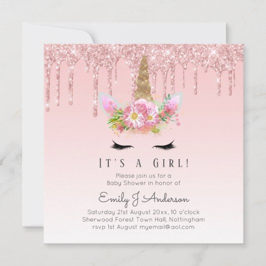 Roze gouden druppelaar Unicorn Baby Girl Shower Kaart (Voorkant)