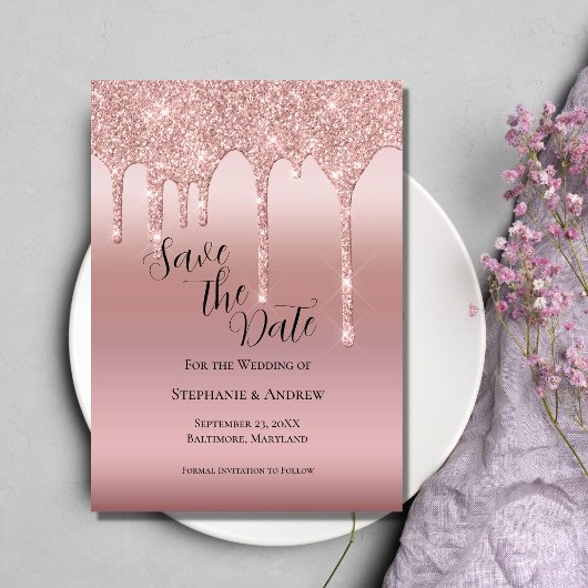 Roze Gouden Druppelende Glitter Blush Roze QR code Save The Date