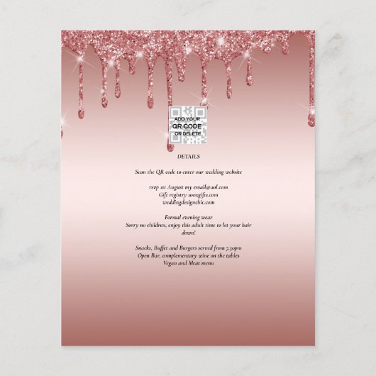 Roze Gouden Druppelende Glitter Moderne Trouw Uitn (Achterkant)