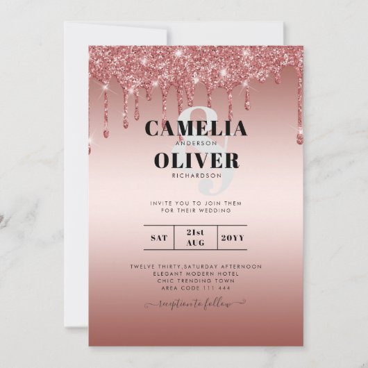 Roze Gouden Druppelende Glitter Moderne Trouw Uitn Kaart (Voorkant)