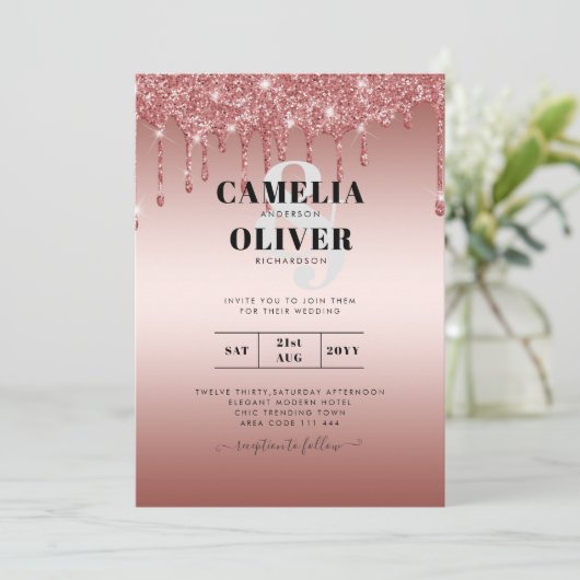 Roze Gouden Druppelende Glitter Moderne Trouw Uitn Kaart (Staand voorkant)