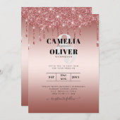 Roze Gouden Druppelende Glitter Moderne Trouw Uitn Kaart (Voorkant / Achterkant)